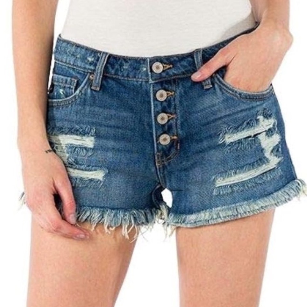 KanCan Distressed Cutoff Booty Denim Jean Shorts Button Fly Raw Hem M Festival